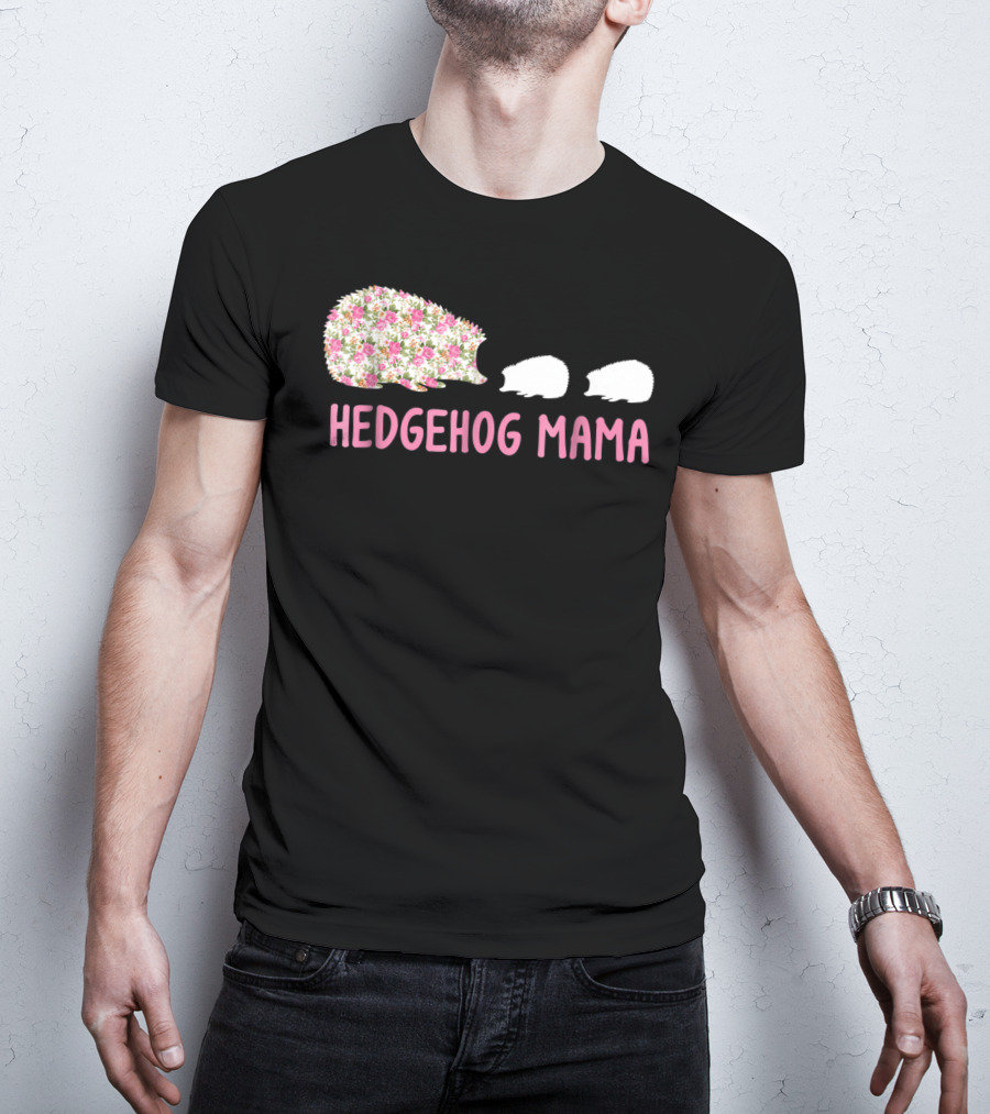 Hedgehog Mama With Floral Pattern And Babies T-Shirt