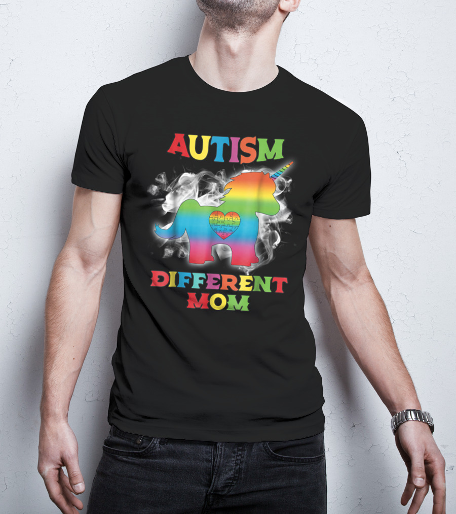 Autism Different Mom Rainbow Puzzle Heart Unicorn T-Shirt