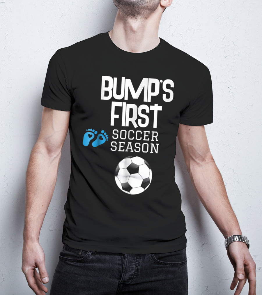 Bump's First Soccer Season New Mom To Be With Baby Footprints And Soccer Ball T-Shirt