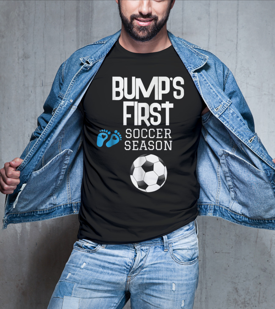 Bump's First Soccer Season New Mom To Be With Baby Footprints And Soccer Ball T-Shirt