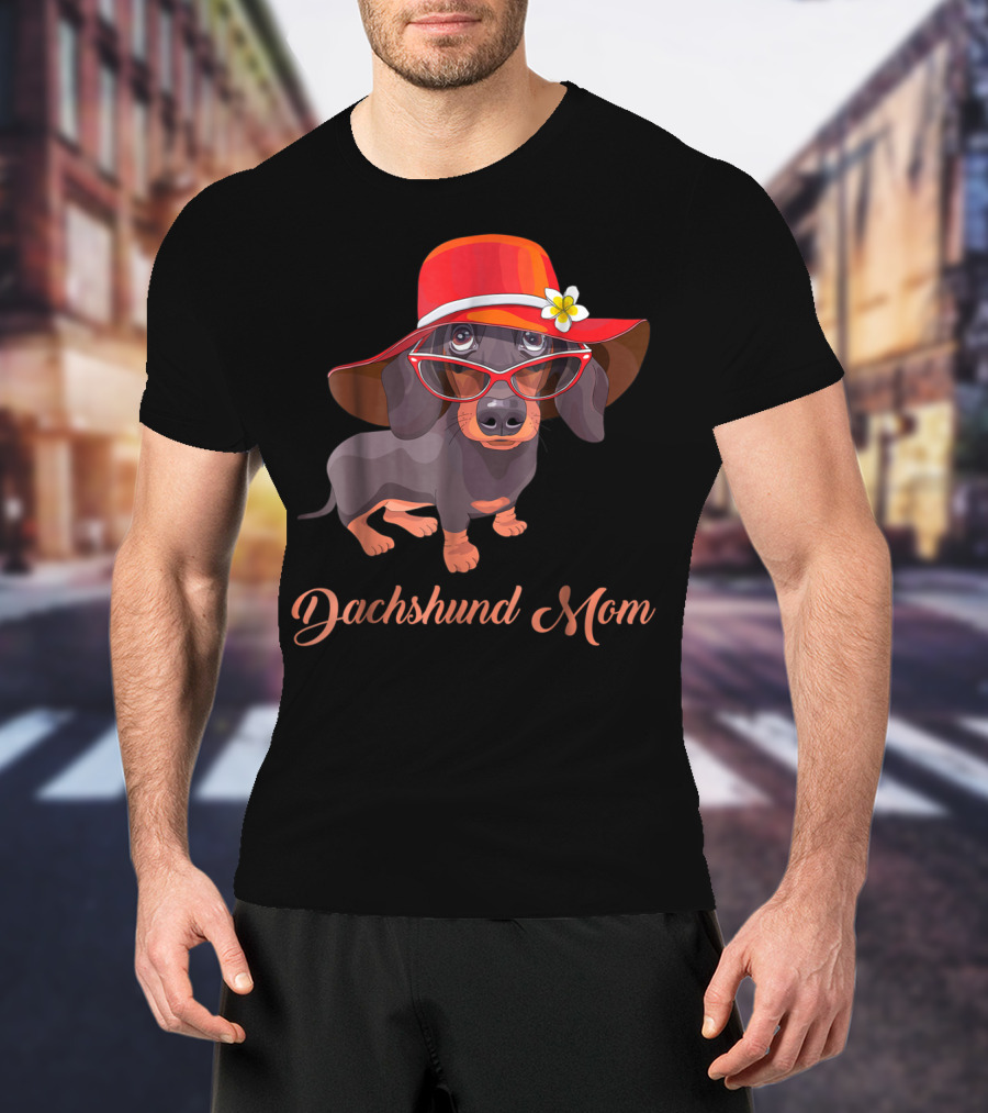 Dachshund Mom Mom Of Dachshund Dogs Pet Puppies With Red Hat And Glasses T-Shirt