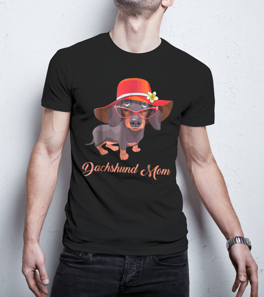 Dachshund Mom Mom Of Dachshund Dogs Pet Puppies With Red Hat And Glasses T-Shirt