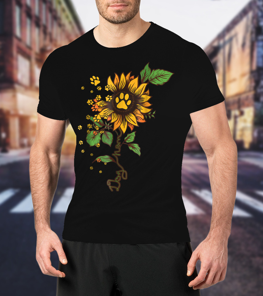 Dog Mom Paw Print Sunflower With Leaves T-Shirt