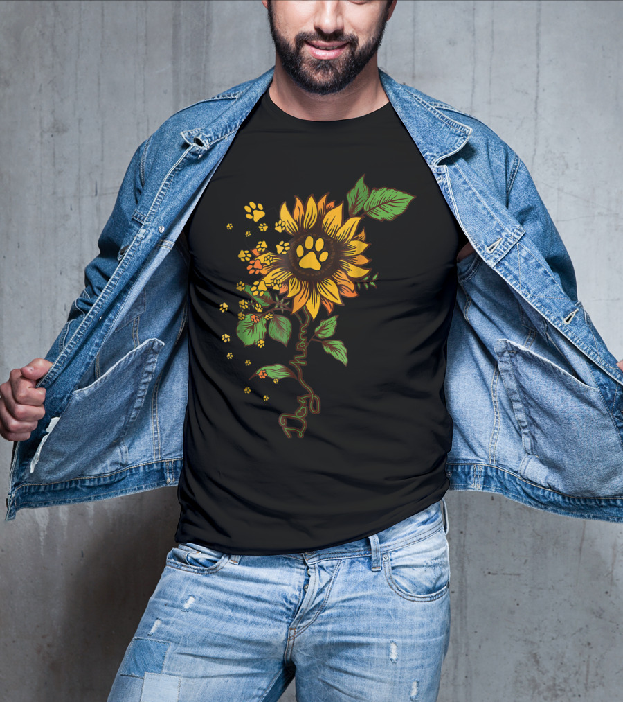 Dog Mom Paw Print Sunflower With Leaves T-Shirt