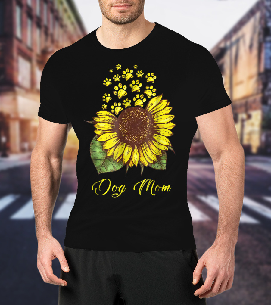 Dog Mom Sunflower With Paw Print Accents T-Shirt