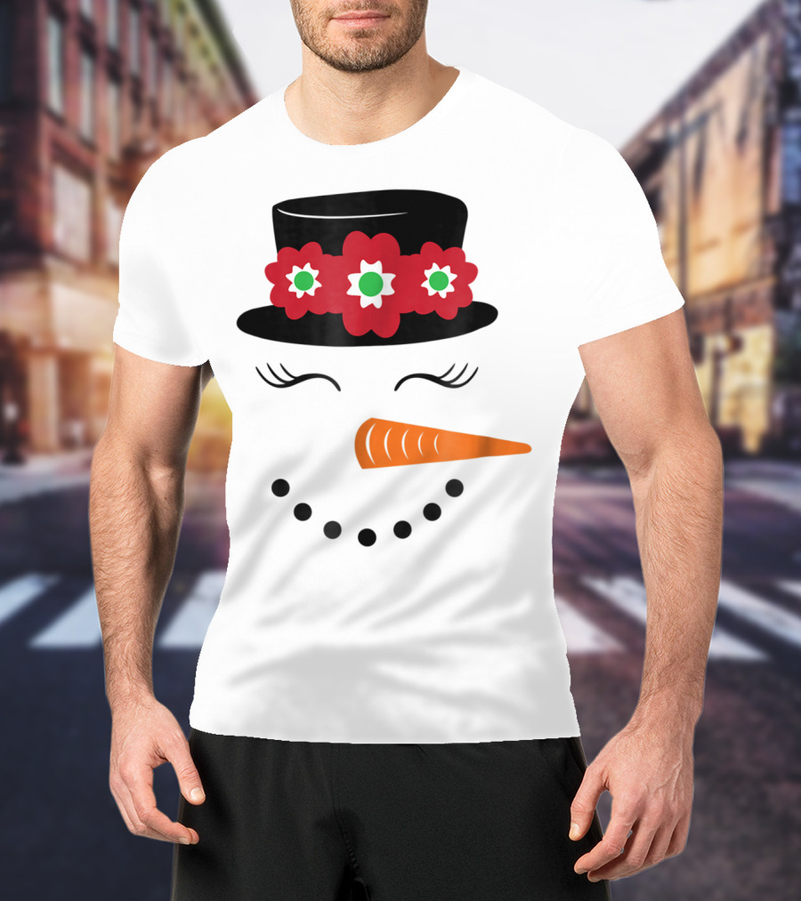 Family Christmas Card Snowman Woman With Hat And Flowers Mom Girl25 T-Shirt