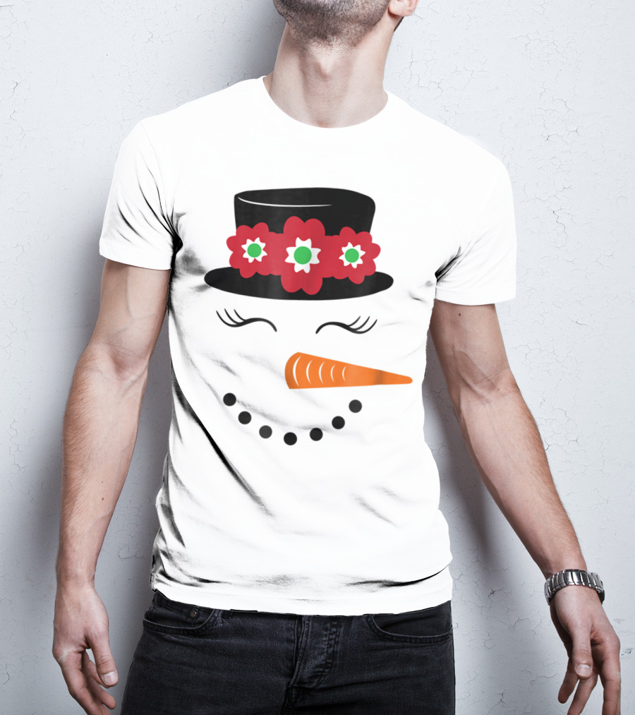 Family Christmas Card Snowman Woman With Hat And Flowers Mom Girl25 T-Shirt
