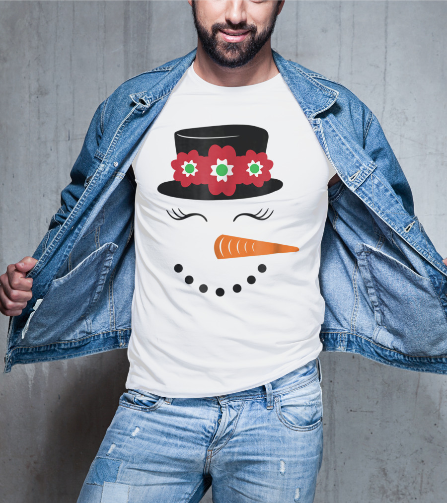 Family Christmas Card Snowman Woman With Hat And Flowers Mom Girl25 T-Shirt