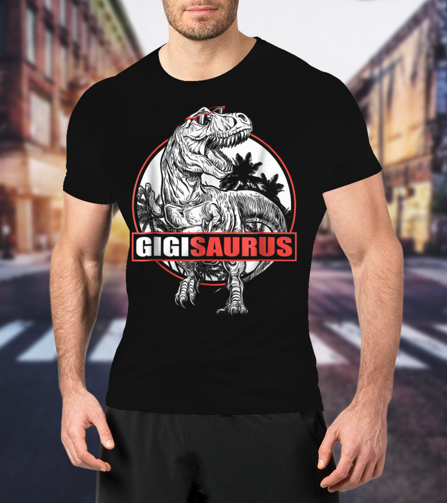 GigiSaurus Dinosaur Gigi Saurus T-Rex Palm Trees Red Glasses Circle T-Shirt