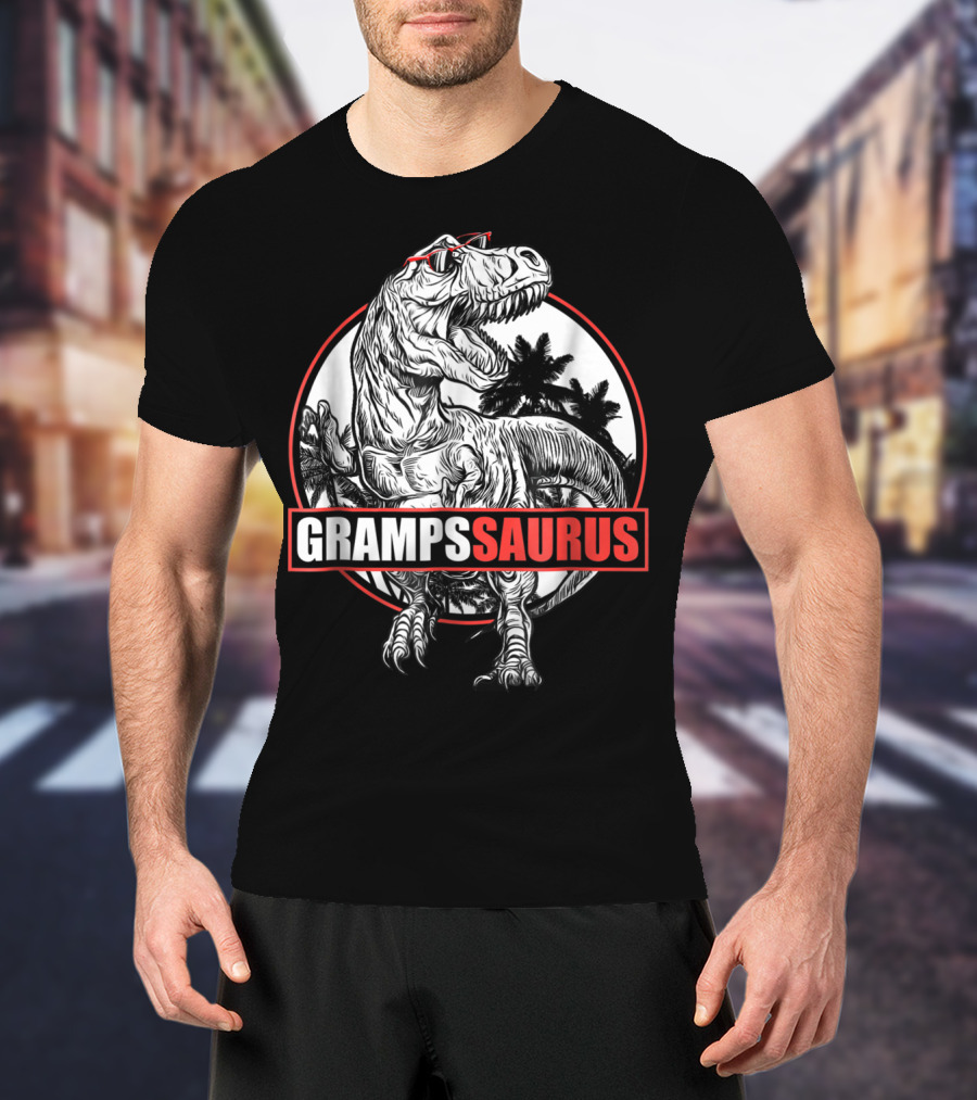 GrampsSaurus Dinosaur Gramps Saurus With Cool Sunglasses And Jungle Background T-Shirt