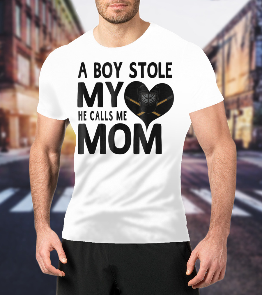 A Boy Stole My Heart He Calls Me Mom Hockey Heart Mask T-Shirt