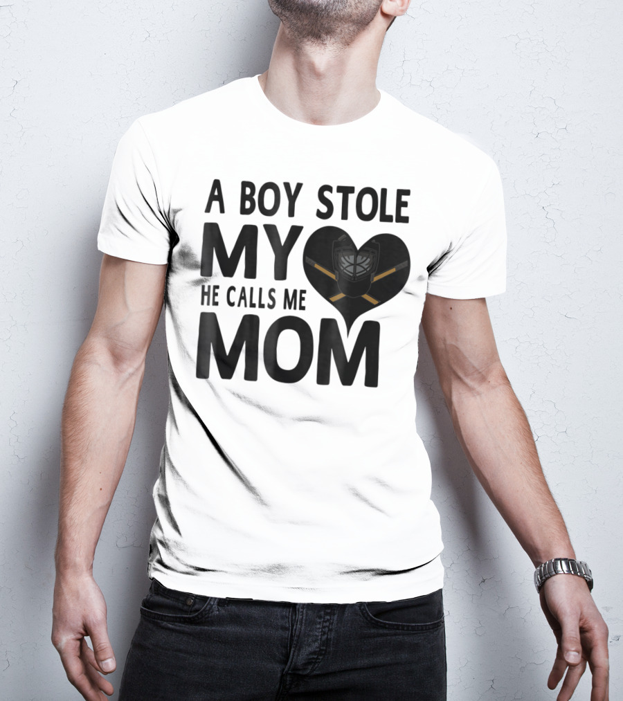 A Boy Stole My Heart He Calls Me Mom Hockey Heart Mask T-Shirt