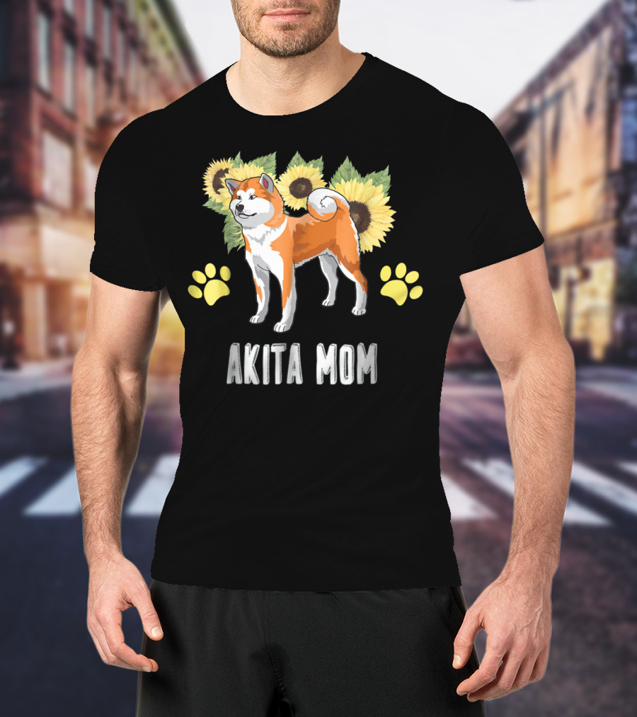 Akita Mom Sunflower With Paw Print Elements T-Shirt