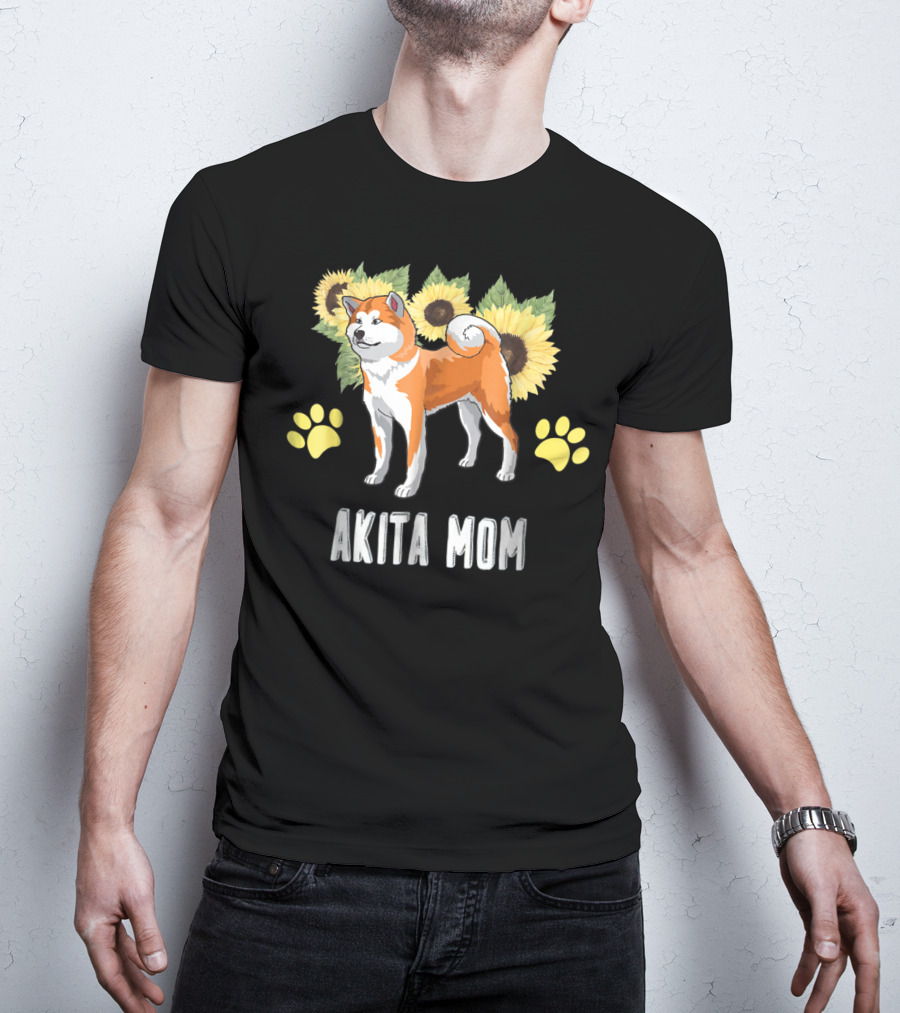 Akita Mom Sunflower With Paw Print Elements T-Shirt