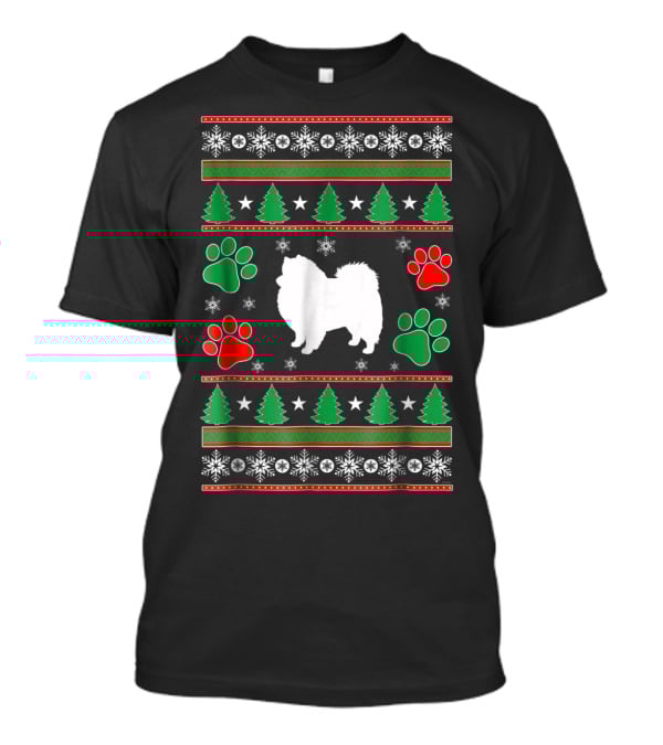 American Eskimo Spitz Mom Holiday Dogs Christmas Trees Snowflakes Paws T-Shirt