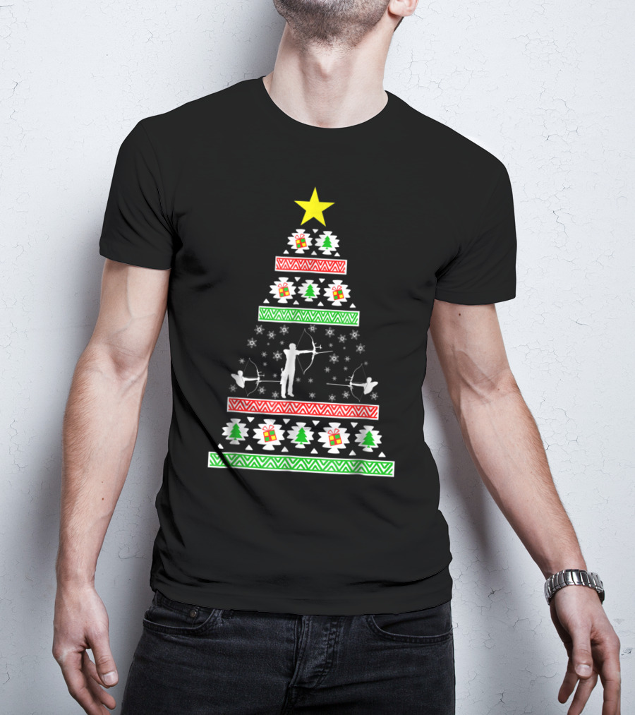 Archery Ugly Christmas Dad98 Tree Pattern With Star And Gifts T-Shirt