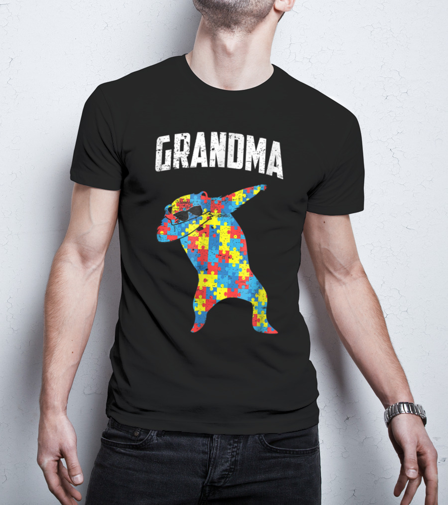 Dabbing Autism Puzzle Bear With Glasses Grandma T-Shirt