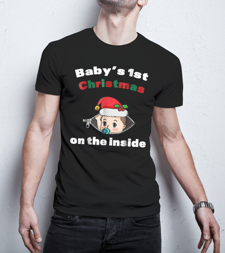 Baby's 1st Christmas On The Inside Mom To Be Santa Hat Zipper T-Shirt