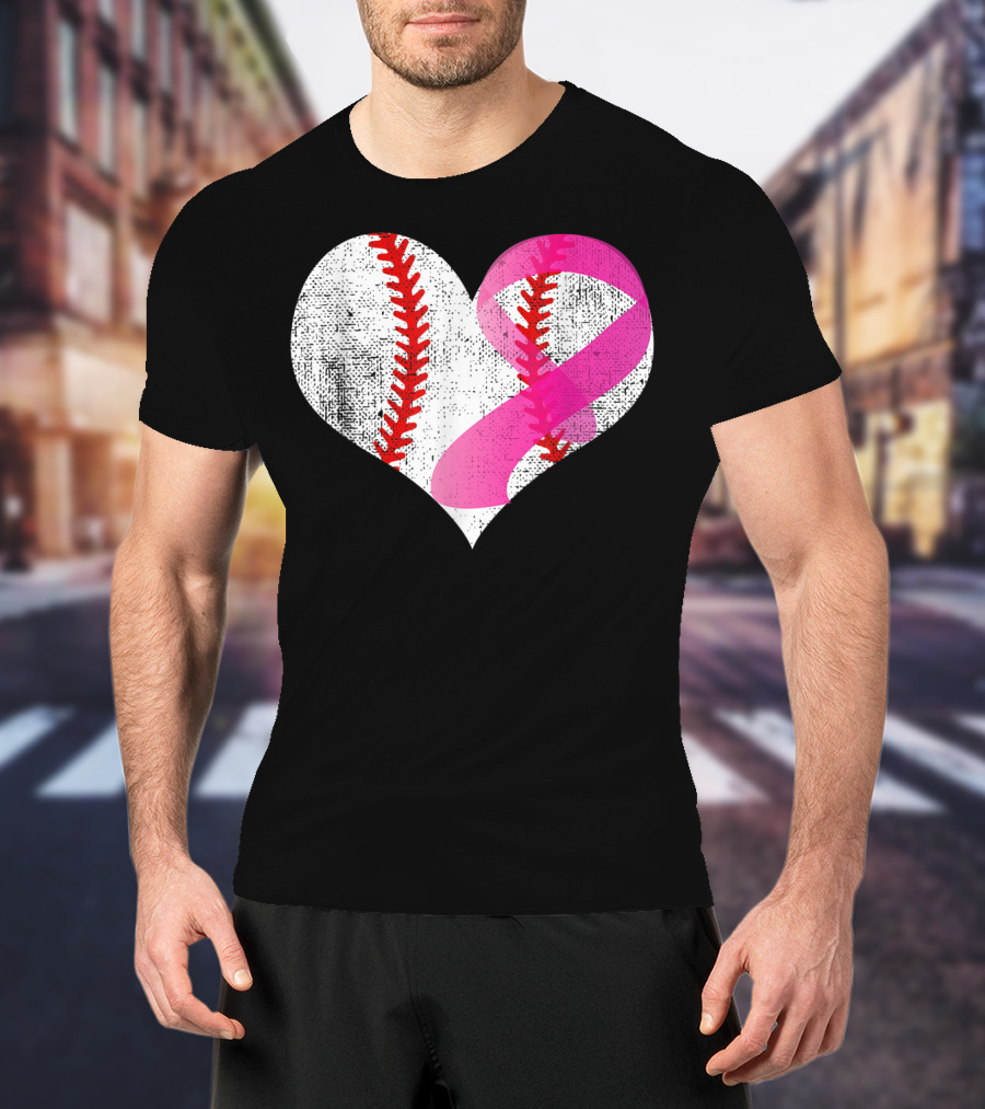Baseball Heart Pink Ribbon Breast Cancer Awareness Mom81 T-Shirt