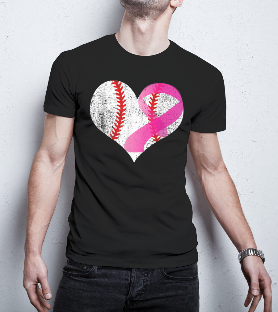 Baseball Heart Pink Ribbon Breast Cancer Awareness Mom81 T-Shirt