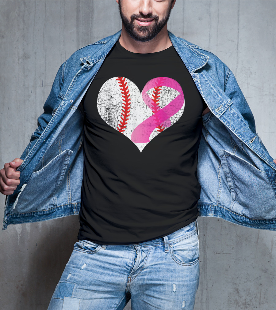 Baseball Heart Pink Ribbon Breast Cancer Awareness Mom81 T-Shirt