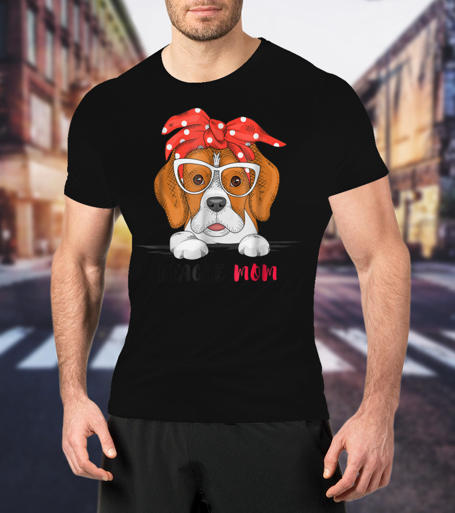 Beagle Mom With Glasses And Red Bow T-Shirt