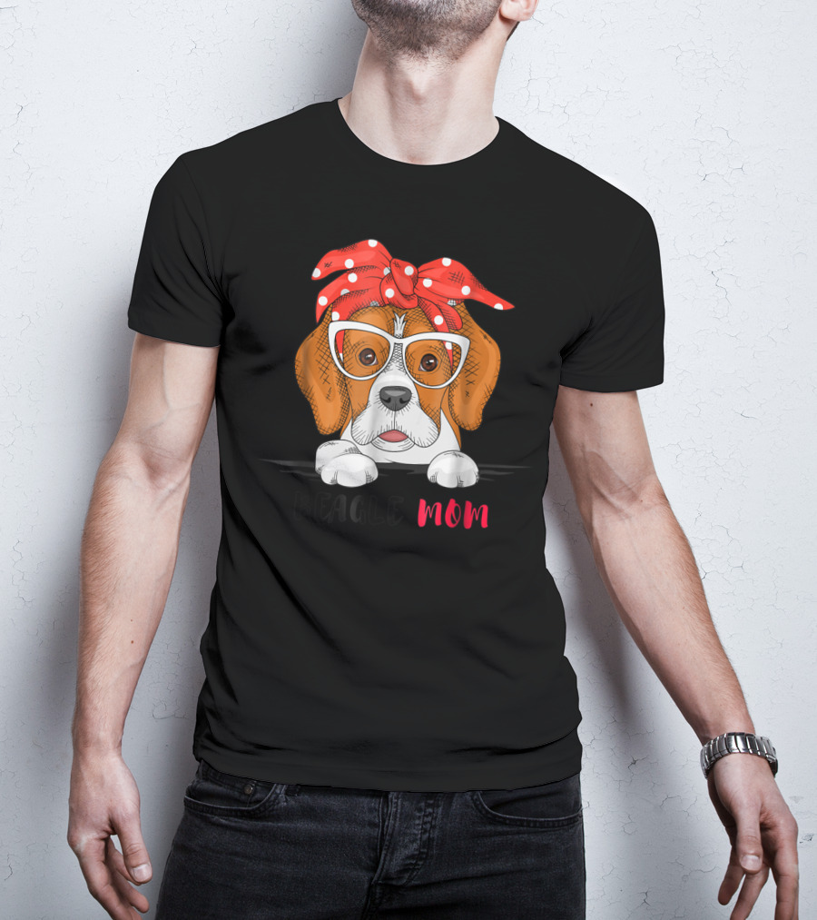 Beagle Mom With Glasses And Red Bow T-Shirt