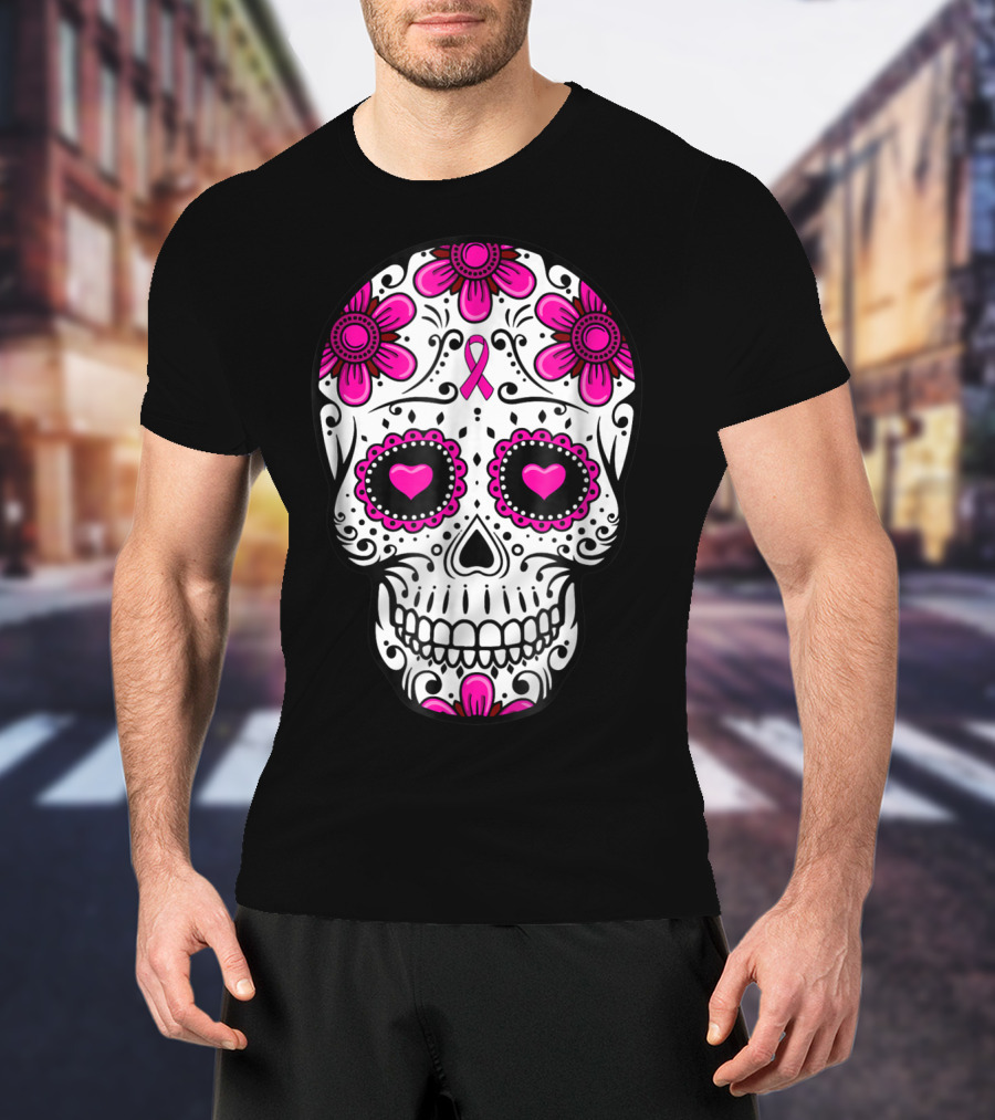 Breast Cancer Awareness Skull Pink Ribbon Mom Wife Floral T-Shirt
