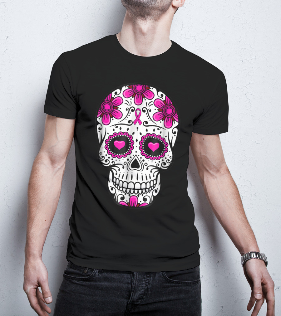 Breast Cancer Awareness Skull Pink Ribbon Mom Wife Floral T-Shirt