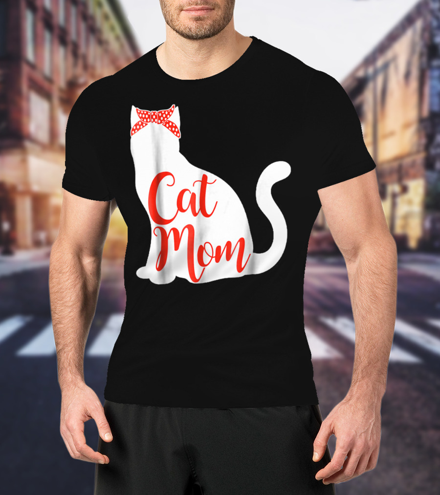 Cat Mom Cute Cat Owner Lover With Red Bow T-Shirt