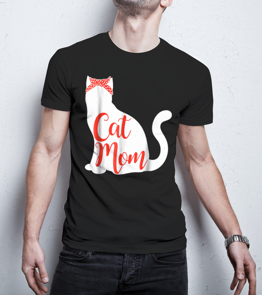 Cat Mom Cute Cat Owner Lover With Red Bow T-Shirt