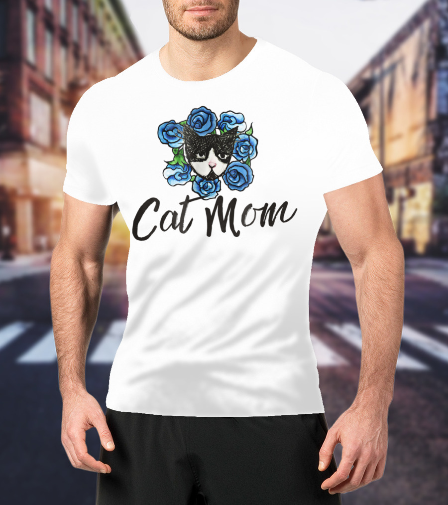 Cat Mom Floral Tuxedo Cat Blue Roses T-Shirt