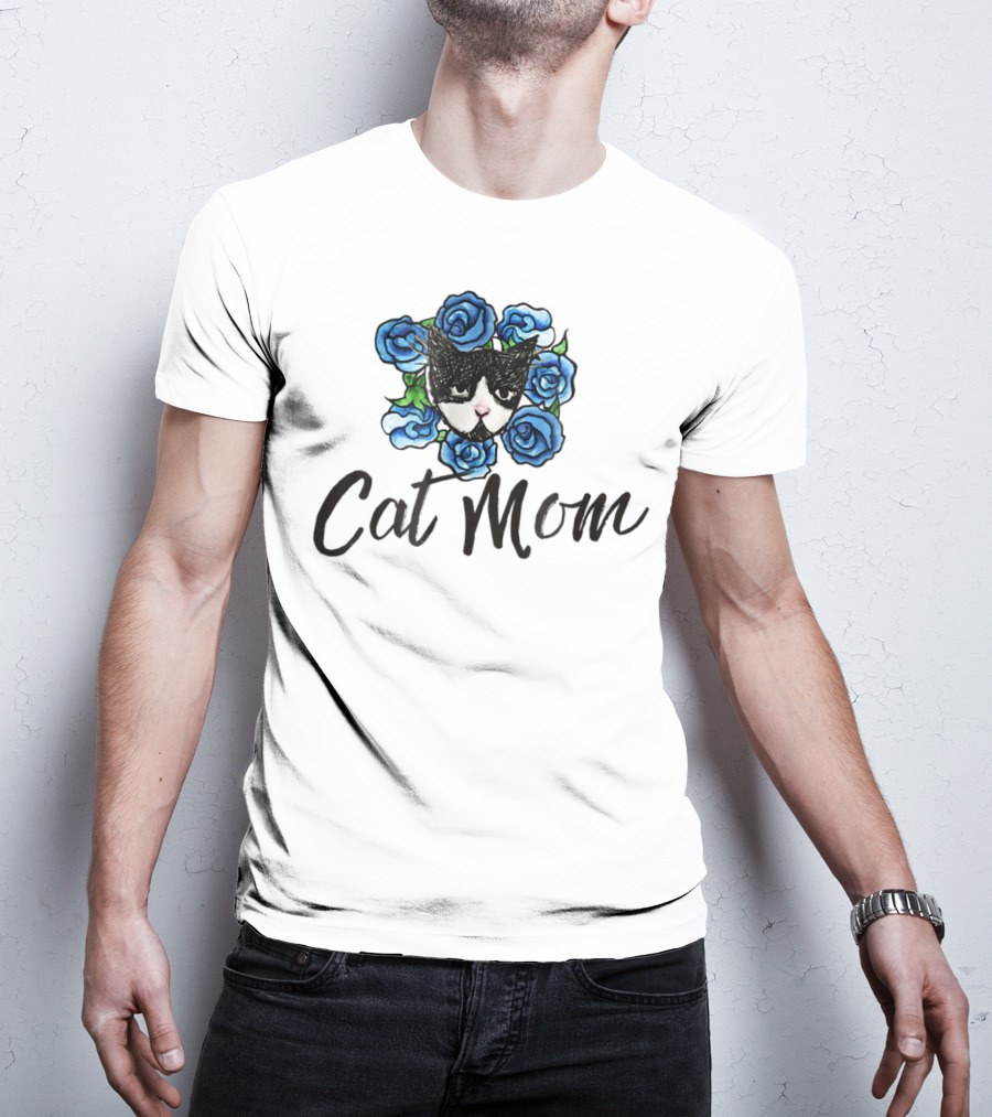 Cat Mom Floral Tuxedo Cat Blue Roses T-Shirt