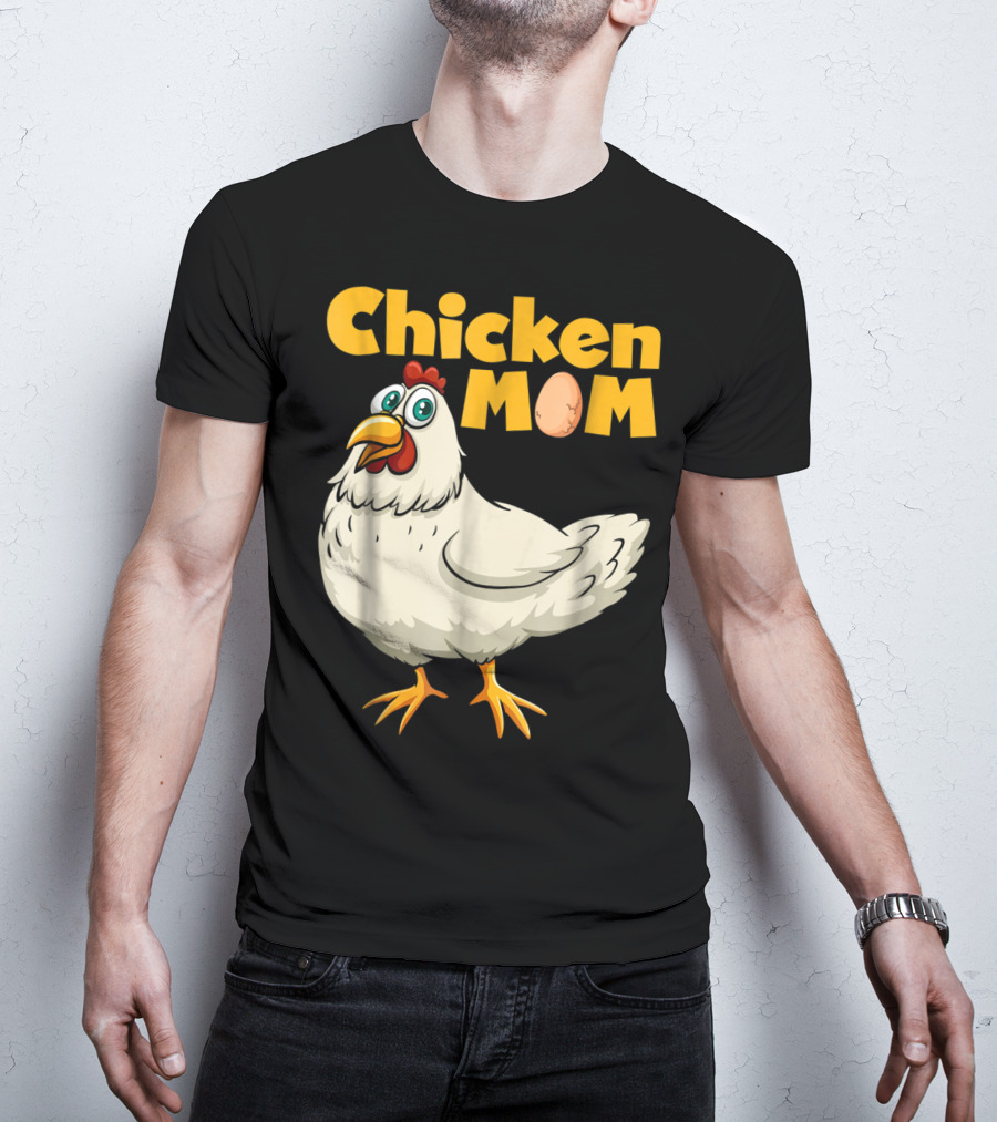 Chicken Mom Cute Cartoon Hen With Egg Lettering T-Shirt