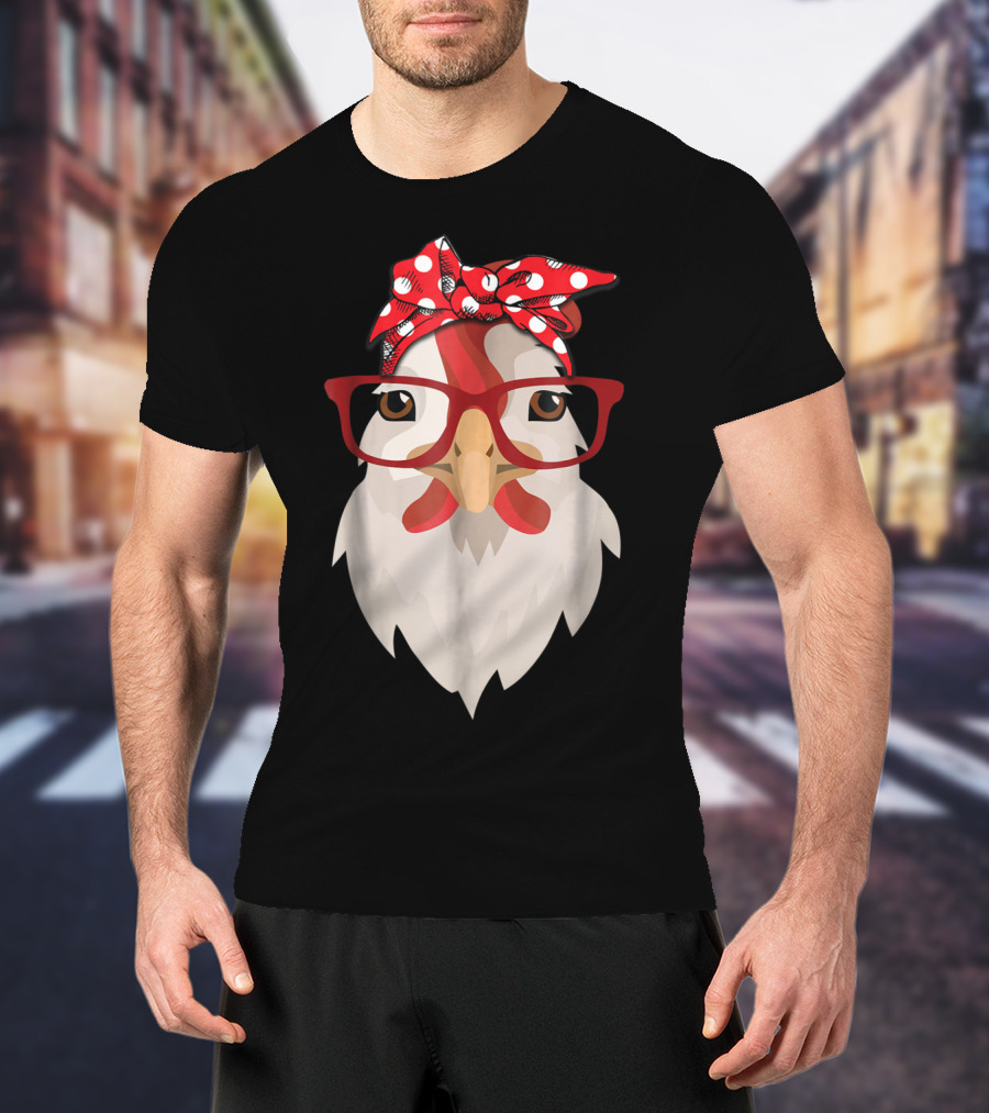 Chicken Mom Lady Farmer Thanksgiving Day Hen With Glasses And Polka Dot Bandana T-Shirt
