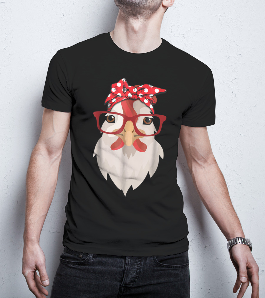 Chicken Mom Lady Farmer Thanksgiving Day Hen With Glasses And Polka Dot Bandana T-Shirt
