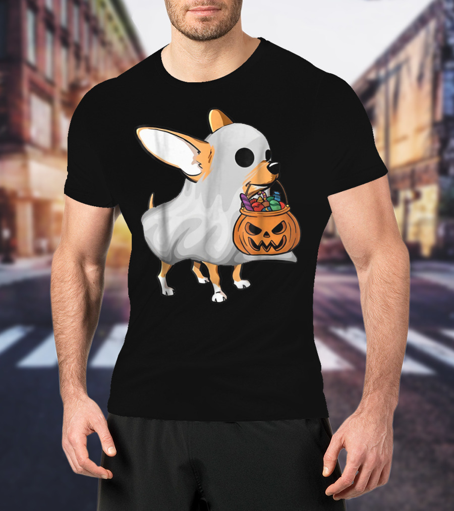 Ghost Chihuahua Trick-or-Treat Pumpkin Basket T-Shirt