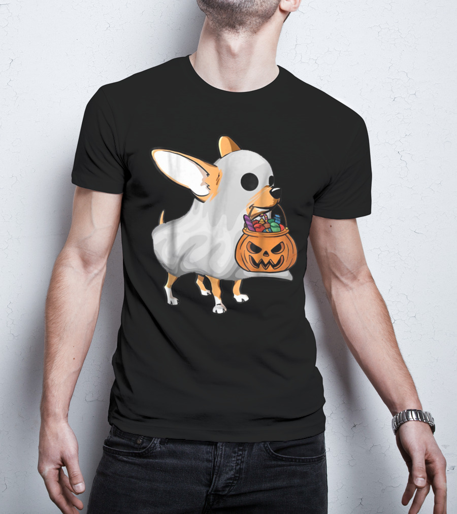 Ghost Chihuahua Trick-or-Treat Pumpkin Basket T-Shirt