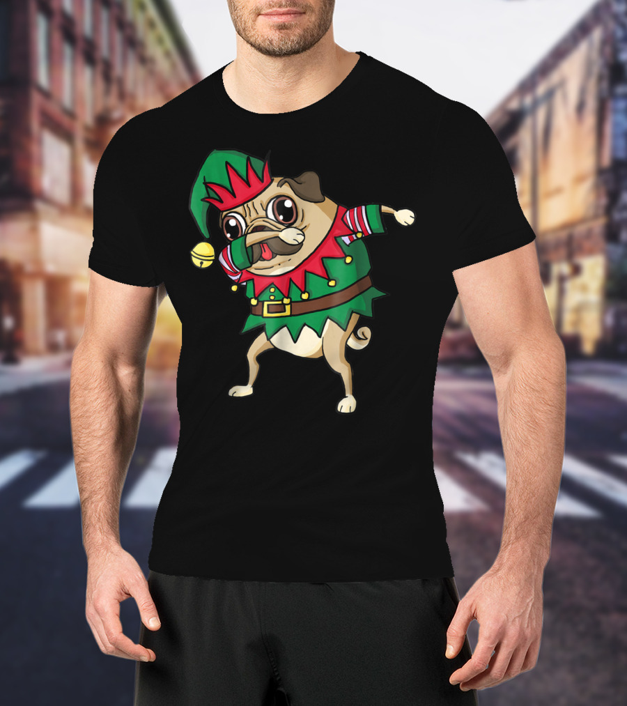 Christmas Dabbing Pug Dog Elf Costume With Festive Hat And Green Red T-Shirt