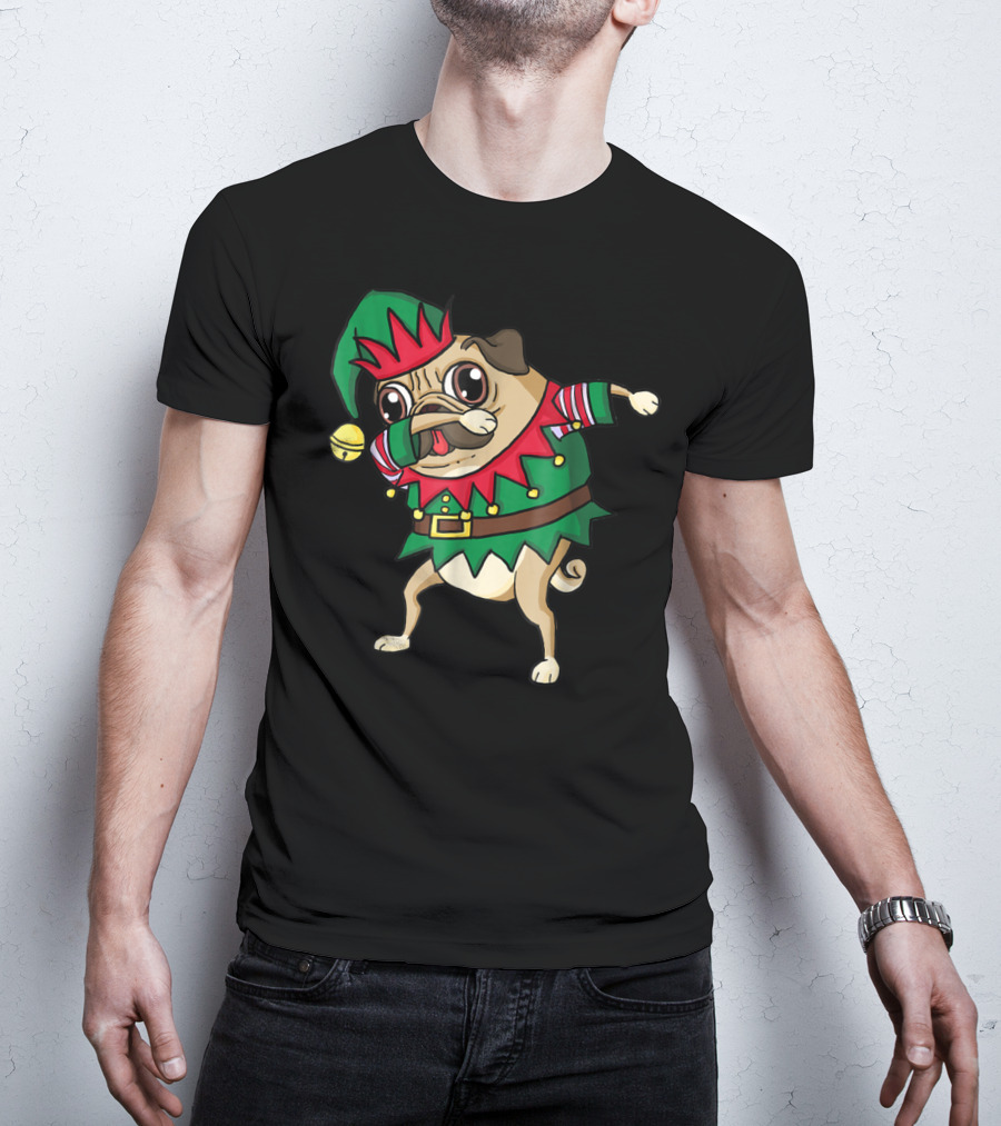 Christmas Dabbing Pug Dog Elf Costume With Festive Hat And Green Red T-Shirt
