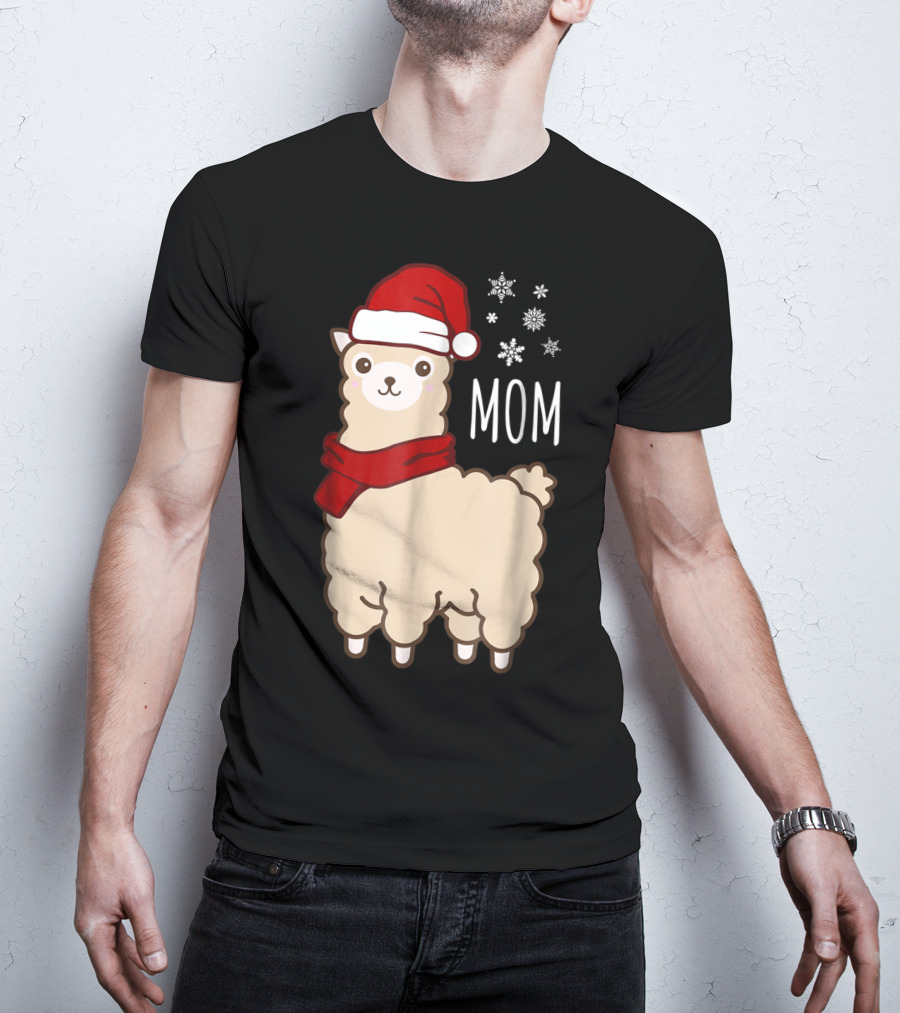 Christmas Mom Llama Cria Herd Xmas Mother Santa Hat Snowflakes T-Shirt