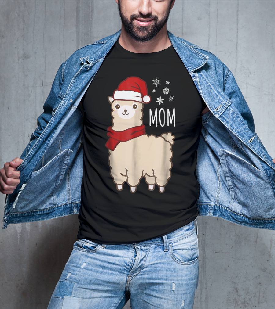 Christmas Mom Llama Cria Herd Xmas Mother Santa Hat Snowflakes T-Shirt