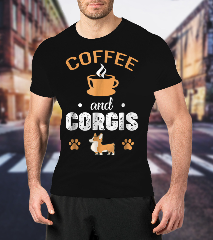 Coffee And Corgis Cute Welsh Corgi With Paw Prints And Coffee Cup T-Shirt