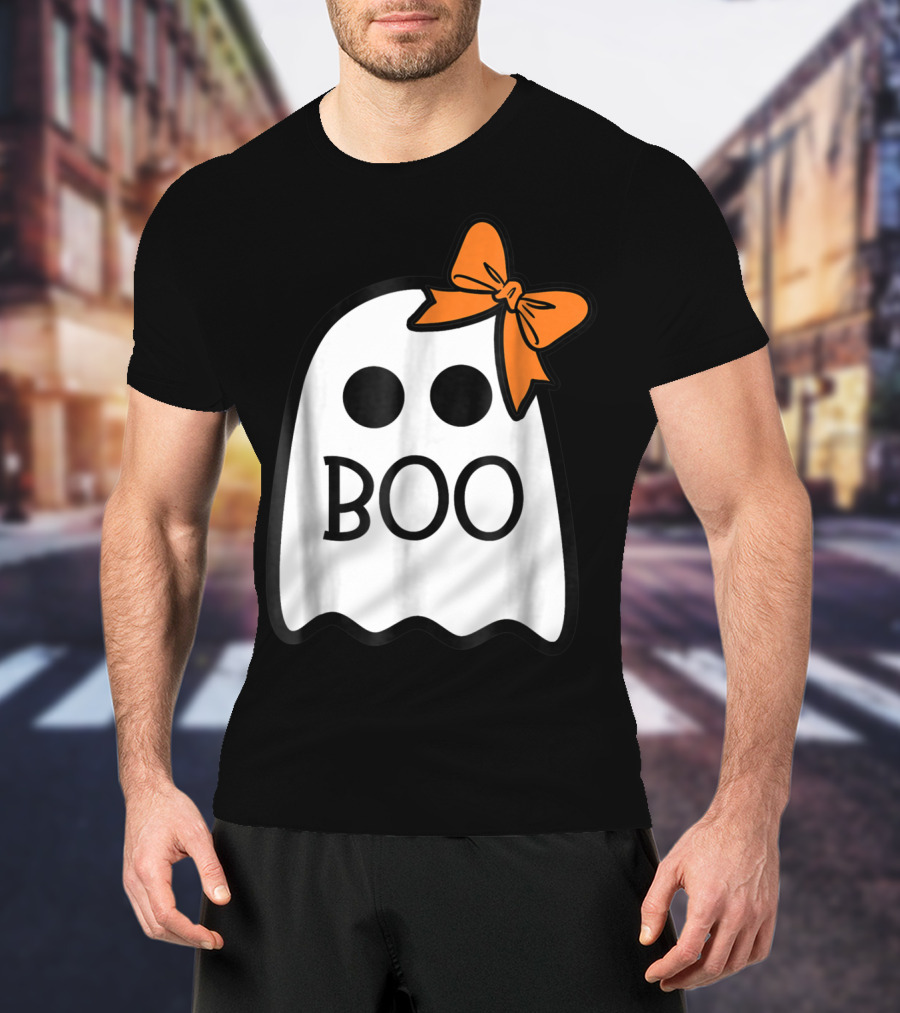 Cute Ghost Boo With Orange Bow For Halloween T-Shirt