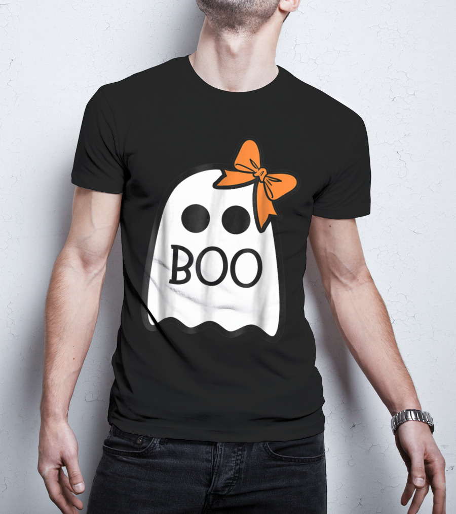 Cute Ghost Boo With Orange Bow For Halloween T-Shirt