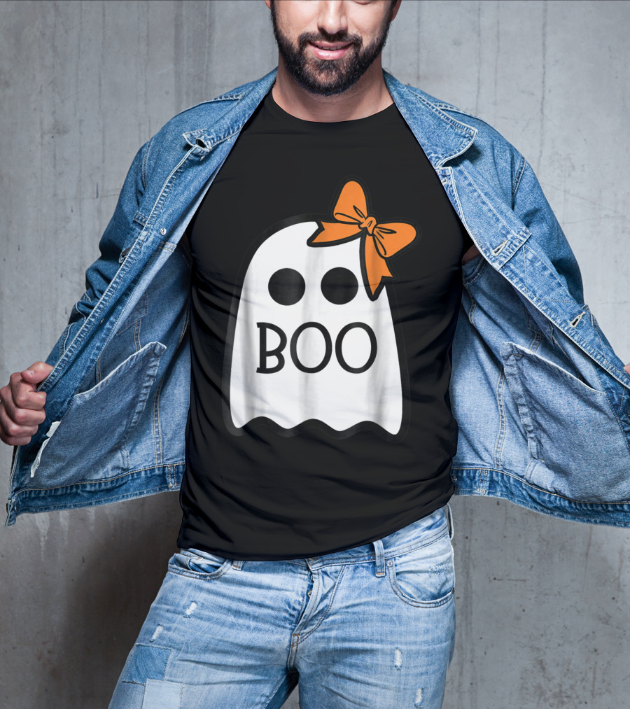Cute Ghost Boo With Orange Bow For Halloween T-Shirt