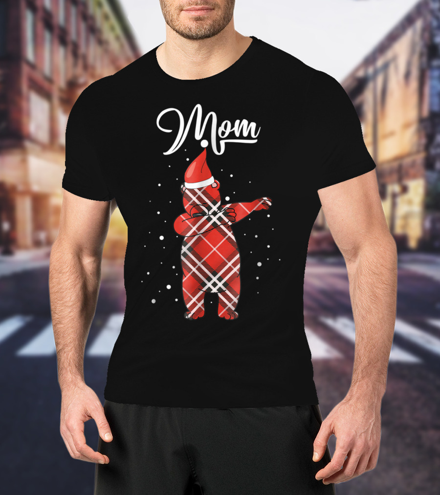 Mom Red Plaid Bear Dabbing Christmas T-Shirt