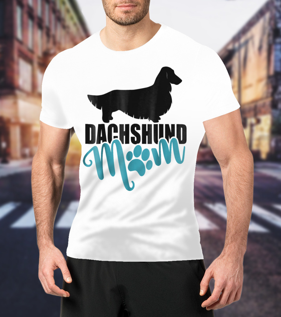 Dachshund Mom Longhair Silhouette With Blue Pawprint Accent T-Shirt