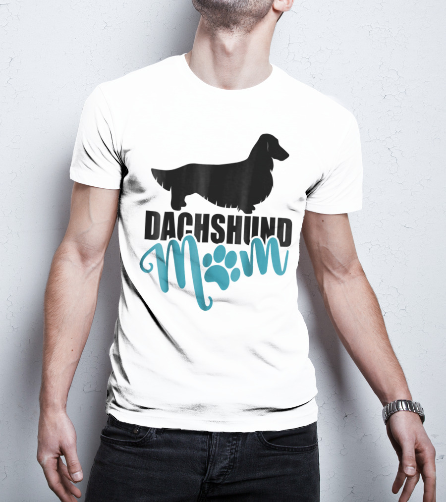 Dachshund Mom Longhair Silhouette With Blue Pawprint Accent T-Shirt