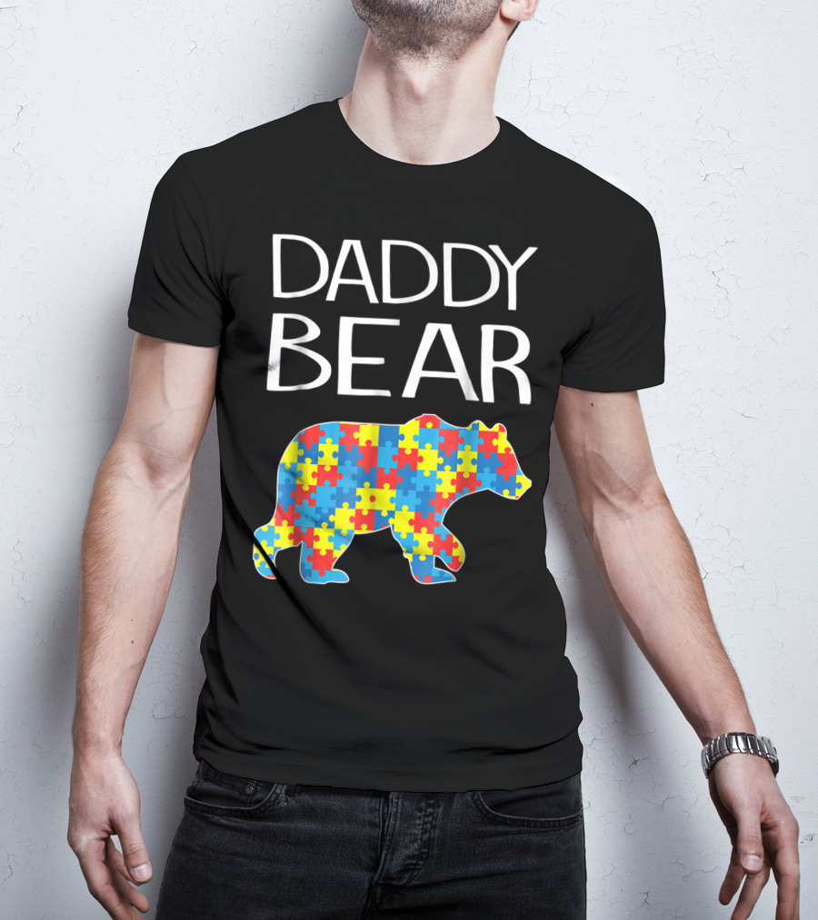 Daddy Bear Autism Puzzle Pattern Child Dad T-Shirt